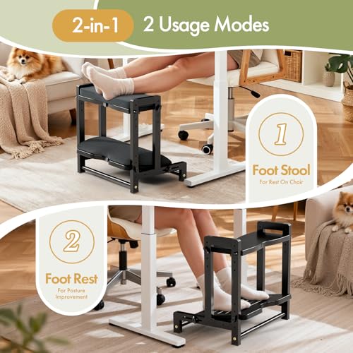 Double Step Foot Rest Under Desk, Adjustable Wooden Desk Foot Rest with 4 Heights, Ergonomic Foot Stool with Cushion for Office, Gaming & Study (Black) - color: Black