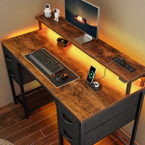 Huuger 47 inch Computer Desk with Power Outlets & 4 Drawers - color: Rustic Brown With Black Drawers, size: 47 Inch