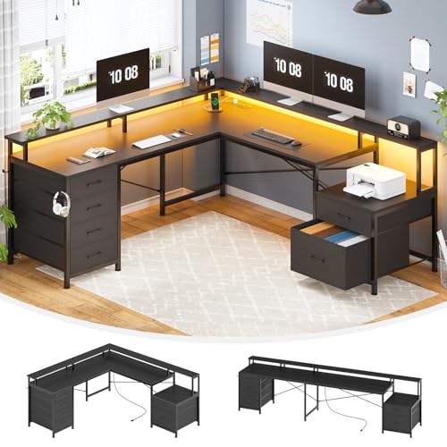 SEDETA L Shaped Computer Desk with 6 Drawer, File Drawer & Power Outlet - color: Black