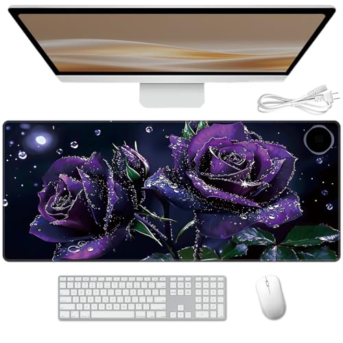 Heated Desk Pad 31.5" x 13" 3 Large Heated Mouse Pad with Heat Levels (40°C/45°C/50°C) & 3H Auto Shut-Off Desk Mat Fast Heating PU Leather Warmer Mousepad for Home Office - Purple Rose Flowers - color: Purple Rose Flowers, size: 31.5 x 13 inch