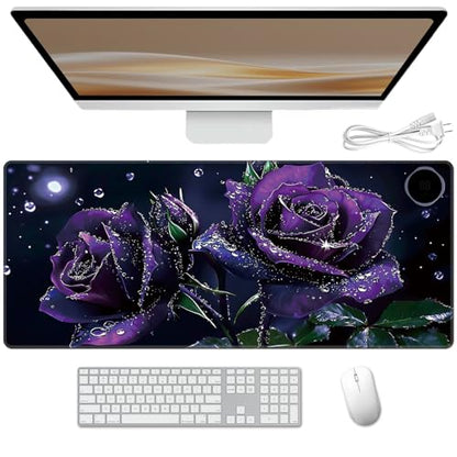 Heated Desk Pad 31.5" x 13" 3 Large Heated Mouse Pad with Heat Levels (40°C/45°C/50°C) & 3H Auto Shut-Off Desk Mat Fast Heating PU Leather Warmer Mousepad for Home Office - Purple Rose Flowers - color: Purple Rose Flowers, size: 31.5 x 13 inch