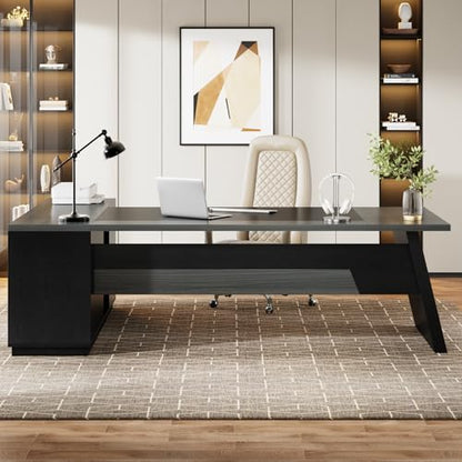 Tribesigns 78" L-Shaped Executive Desk, Large Modern Office Desk with Drawers and Lateral File Cabinet, Business Furniture with Storage Shelves, Big Computer Desk for Home Office (Grey + Blcak) - color: Grey + Blcak