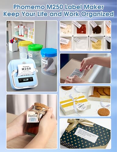 Phomemo M250 3" Label Maker, Thermal Barcode & Address Printer | Label Printer for School, Business, Home & Logos, Sticker Printer Compatible with Phones & PCs, with 100 Labels, 40x30mm - color: Blue