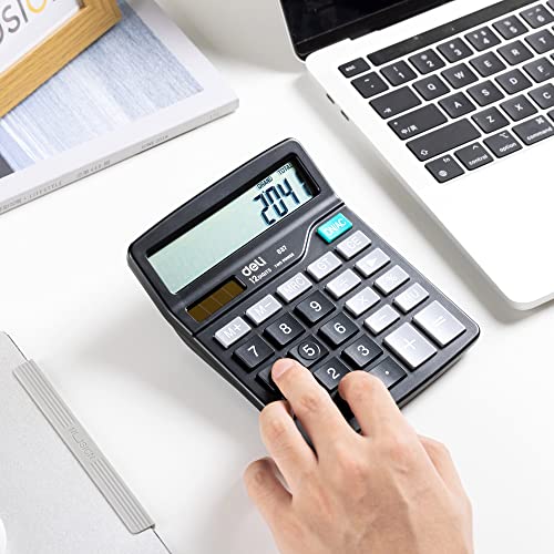 Calculator, Deli Standard Function Desktop Calculators with 12 Digit Large LCD Display and Sensitive Button, Solar Battery Dual Power Office Calculator, Black - color: Black