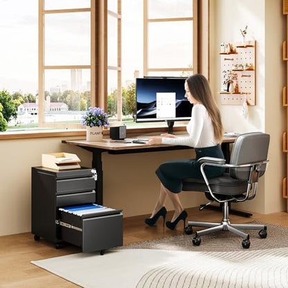 MIIIKO File Cabinet 3 Drawers on Wheels Under Desk, Black Metal Rolling File Cabinets with Lock for Home Office, Un-Assembled Filing Cabinet with Lock - color: Black, size: 3 Drawer-14.57"W -Mobile-a