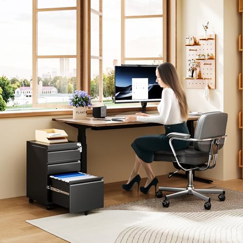MIIIKO File Cabinet 3 Drawers on Wheels Under Desk, Black Metal Rolling File Cabinets with Lock for Home Office, Un-Assembled Filing Cabinet with Lock - color: Black, size: 3 Drawer-14.57"W -Mobile-a