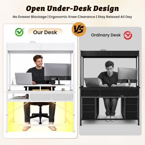 DurayLoly Computer Desk with Monitor Stand, LED Lights,Power Outlet - color: White, size: 18.9"D x 39.4"W x 61.1"H