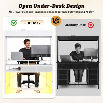DurayLoly Computer Desk with Monitor Stand, LED Lights,Power Outlet - color: White, size: 18.9"D x 39.4"W x 61.1"H