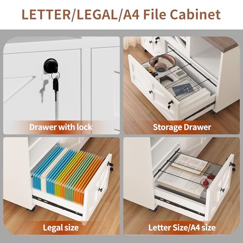 White Lateral File Cabinet with Lock, 2 Drawer Rolling Filing Cabinet for Home Office, Mobile Storage Cabinet with Open Shelves & Sliding Door, Fits Legal/Letter/A4 Files, Herringbone Design - color: White Herringbone-2 Drawers