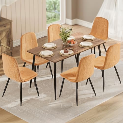 VASAGLE Set of 6 Dining Chairs, Dining Room Kitchen Chairs, Metal Frame, Adjustable Feet, Easy to Clean, Chenille Fabric, Glacier-Textured Synthetic Leather, Caramel Brown UKDC187K01-3J - color: Caramel Brown, size: Set of 6 (PU+Fabric)