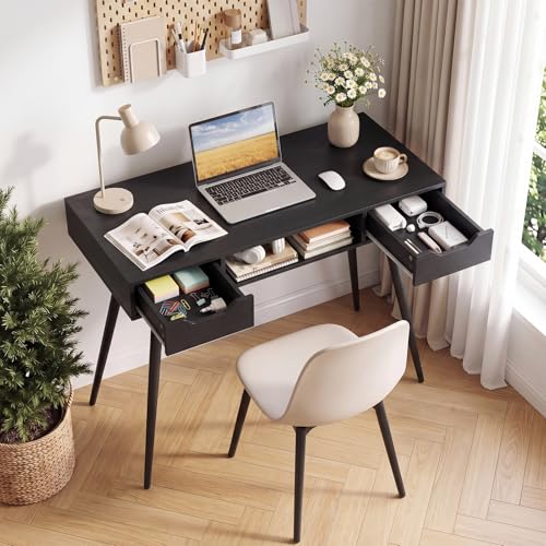 GIANTEX Mid Century Modern Computer Desk with Drawers, 42.5" Writing Desk with Open Storage Cubby, Vanity Table with Metal Leg, Compact Wooden Study Table for Small Spaces Home Office (Black) - color: Black