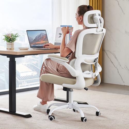 TRALT Office Chair Ergonomic Desk Chair - Gaming Chair with Lumbar Support | 330 LBS Home Office Desk Chairs with Headrest, Reading Chair with Flip-up Armrests, Comfortable Computer Chairs (1, Beige) - color: Beige
