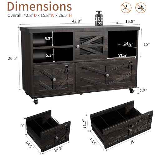 Gray Lateral File Cabinet with Lock, 2 Drawer Rolling Filing Cabinet for Home Office, Mobile Storage Cabinet with Open Shelves & Sliding Door, Fits Legal/Letter/A4 Files, Herringbone Design - color: Gray Herringbone-2 Drawers