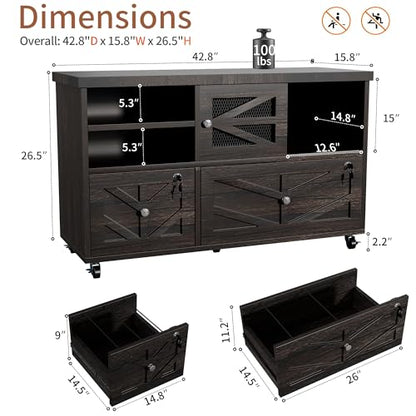 Gray Lateral File Cabinet with Lock, 2 Drawer Rolling Filing Cabinet for Home Office, Mobile Storage Cabinet with Open Shelves & Sliding Door, Fits Legal/Letter/A4 Files, Herringbone Design - color: Gray Herringbone-2 Drawers