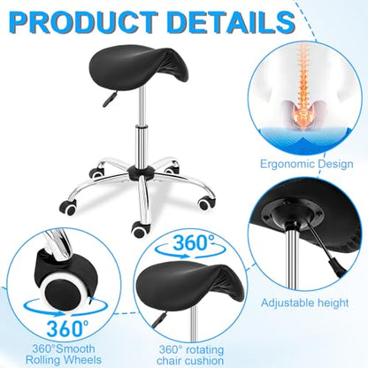 IBVIVIC Saddle Stool, Rolling Saddle Stool with Wheels for Salon, Massage | PU Leather Adjustable Swivel Saddle Chair Ergonomic for Spa, Home Office, Art Room (Black)