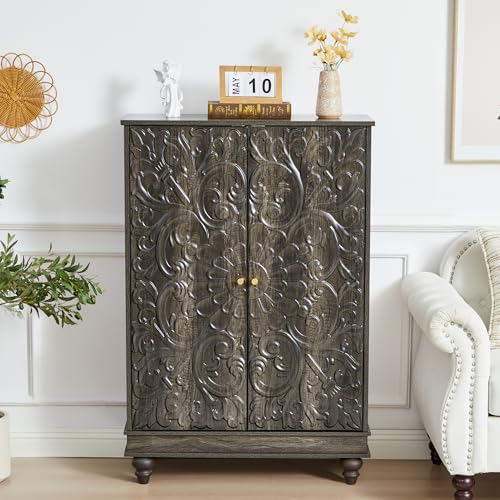 Sideboard Buffet Cabinet with Storage, Kitchen Storage Cabinet with Adjustable Shelves and 2 Doors, Vintage Accent Table for Living Room, Hallway (Black Brown)