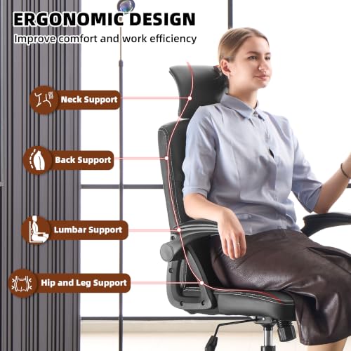 Leather Office Chair,Executive Ergonomic Desk Chair for Home Office, Black - color: Black
