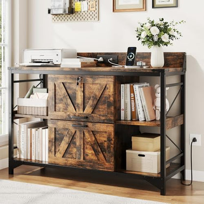44" File Cabinet, Lateral Filing Cabinet for Home Office with 2 Drawers, Office Storage Cabinet with Lock and Key, Wooden Printer Stand with 4 Storage Shelves, Power Outlets, Bookshelf, Rustic Brown - color: Rustic Brown