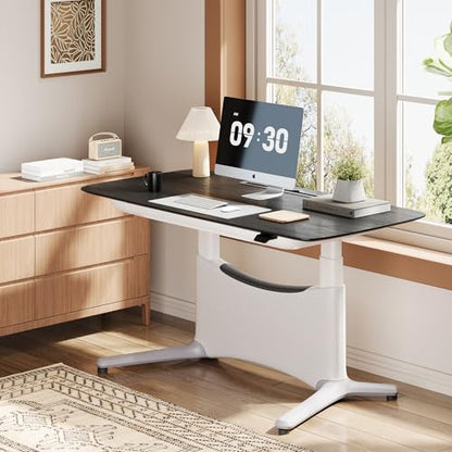 COLAMY Electric Standing Desk 55x28 Inch, Wobble-Free Dual Motor Sit Stand Up Home Office Computer Desk, Motorized Workstation Gamer Studio Table with Drawers, Outlets & Footrest,Oak White - color: Black Oak + White