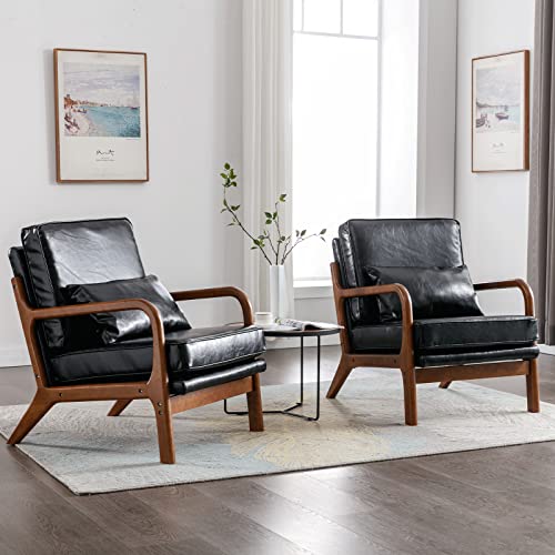 Mid Century Modern Accent Chairs Set of 2 Living Room- Comfy Wood Arm Chair with Lumber Pillow Lounge Decorative Black Faux Leather Office Side Chair for Bedroom Reading Waiting Room Easy Assembly - color: Black, size: Set of 2