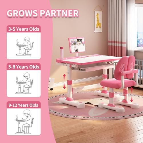 Kids Adjustable Desk and Chair Set 3-12, Children School Study Desk-11PINK | Height Adjustable | 50° Tilt Desktop | Book Stand & Metal Hook & Storage Drawer | Writing Drawing Table for Boys and Girls - color: 110-pink-27.5in