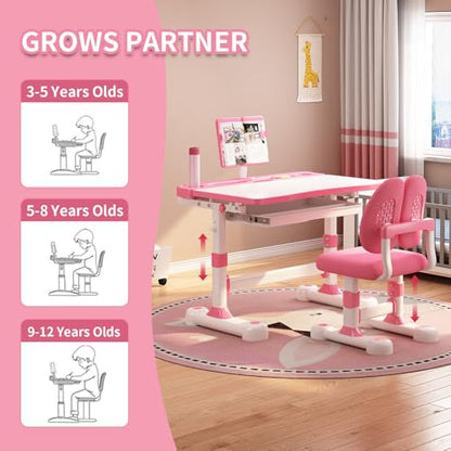 Kids Adjustable Desk and Chair Set 3-12, Children School Study Desk-11PINK | Height Adjustable | 50° Tilt Desktop | Book Stand & Metal Hook & Storage Drawer | Writing Drawing Table for Boys and Girls - color: 110-pink-27.5in