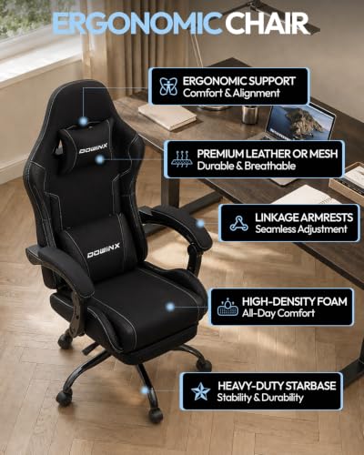 Dowinx Ergonomic Gaming Chair with Footrest & Massage Lumbar, 2D-Linkage Armrests for Computer Chair 330lbs with Headrest Pillow for Office, Home, Streaming and Long Gaming Sessions, Fabric Black - color: Pitch Black
