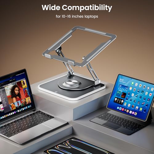 360°Rotating Laptop Stand with RGB Lights, Fits 10-16"Laptops MacBooks | 7-Level RGB Lights, Adjustable Multi-Angle Ergonomic Aluminum Laptop Stand, Foldable & Portable for Home & Office - color: RGB-Grey