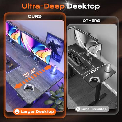Huuger 63 x 28 Large Electric Standing Desk, Height Adjustable Computer Desk, 27.6" Deep Desktop, Stand up Gaming Office Table with 2 Hooks, 3 Preset Heights, for Home Office, Grey - color: Grey, size: 63*28 inch (no outlets)