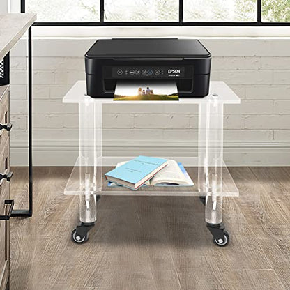 2-Tier Clear Office Rolling Cart Mobile Printer Stand Under Desk Printer Cart Storage Rack, for Storing Printers, Copy Paper, Faxes, Books, Etc