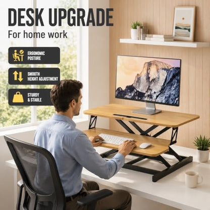32" Height Adjustable Sit Stand Desk Converter, Dual Monitor Laptop Riser, Black (Desk Converter (Natural)) - color: Desk Converter (Natural)