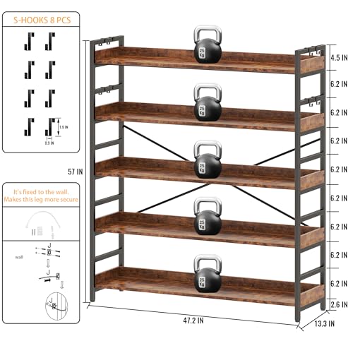 HCHQHS 5 Tier Bookshelf, Adjustable Industrial Bookcase, Vertical Tall Book Shelf, Wood and Black Metal Open Bookshelves for Home Office, Living Room, Bedroom - color: Rustic Brown, size: 5-Tier (47"W x 57"H)