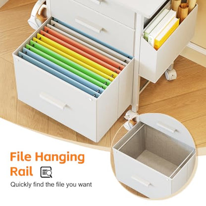 3-Drawer Mobile File Cabinet with 22" Wide Printer Stand, Fabric Under Desk Filing Cabinet with Side Bag & Headphone Hook, Fits Letter/A4 Size Hanging File Folders, Rolling Home Office Organizer,White - color: White