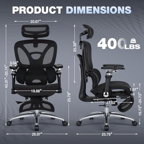 MALOL Ergonomic Office Chair, 400lbs High Back Mesh Desk Chair with 6D Armrests, 3D Headrest, Adjustable Lumbar Support, Seat Depth Adjustment, Tilt Lock, Metal Base & PU Wheels, Black - color: Black