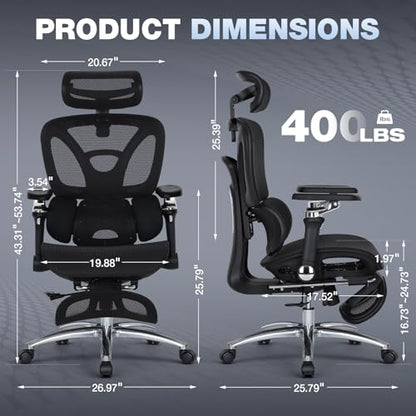 MALOL Ergonomic Office Chair, 400lbs High Back Mesh Desk Chair with 6D Armrests, 3D Headrest, Adjustable Lumbar Support, Seat Depth Adjustment, Tilt Lock, Metal Base & PU Wheels, Black - color: Black