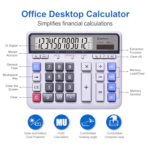 Comix Desktop Calculator, 12 Digits Large Button Desk Calculator, White