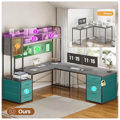 SEDETA Reversible L Shaped Gaming Desk with 6 Drawers, Hutch, Led Lights - color: Grey