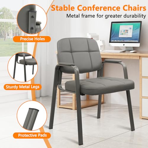 CLATINA Leather Stationary Office Reception Guest Chair, Comfy Waiting Room Chairs with Padded Arms for Reception Conference Elderly Side Office Desk Home Conference Room Lobby Table, Grey - color: Grey, size: 1 Pack