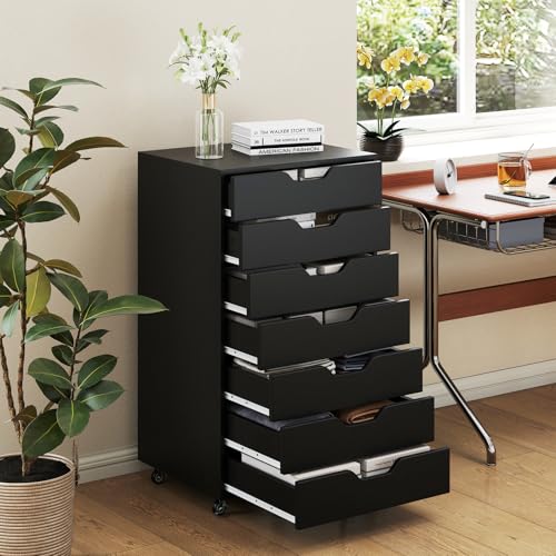 7 Drawer File Cabinet, 34.5" Vertical Storage Drawer Cart, Under Desk Office Organizer, Wooden Printer Stand, Rolling Filing Cabinet for Home Office (Black) - color: Black, size: 19" x 15.5" x 34.5"