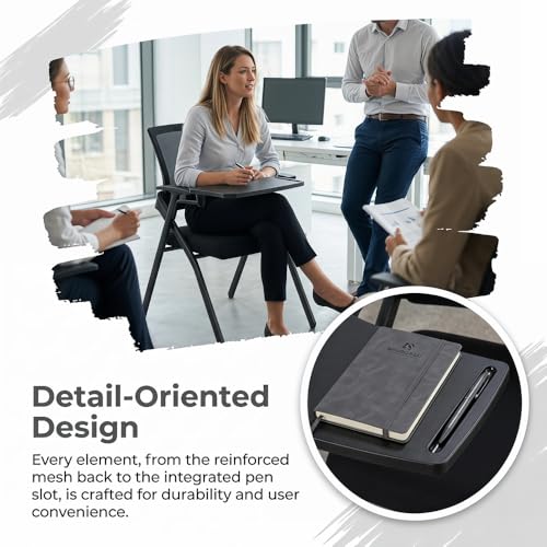 Folding Chair with Desk Attached & Cup Holder- Foldable Arm Chair for Training & Classroom - Conference Room Mesh Back Guest Chair with Padded Seat- Portable Flip-Top Desk Chair for Office Meeting - color: With Writing Tablet