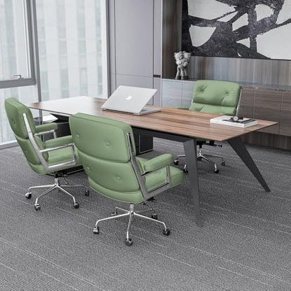 Genuine Leather Office Chair, Mid Back Executive Desk Chairs with Aluminum Arms and Wheels, Swivel Office Leather Chair with Thickened Backrest and Ergonomic Lumbar Support, Light Green - color: Light Green