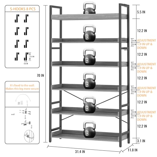 HCHQHS Bookshelf, Adjustable Industrial Bookcase, Vertical Tall Book Shelf, Wood and Black Metal Open Bookshelves for Home Office, Living Room, Bedroom (Grey, 6-Tier (31" W x 70" H)) - color: Grey, size: 6-Tier (31"W x 70"H)