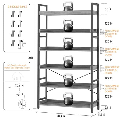 HCHQHS Bookshelf, Adjustable Industrial Bookcase, Vertical Tall Book Shelf, Wood and Black Metal Open Bookshelves for Home Office, Living Room, Bedroom (Grey, 6-Tier (31" W x 70" H)) - color: Grey, size: 6-Tier (31"W x 70"H)