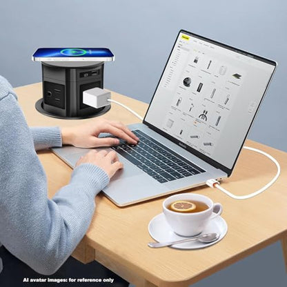 7-in-1 Pop Up Outlet with 15W Wireless Charger,3.86 inch Hole; 4 Outlets 1875W Overload Protection, USB-A,USB C Ports PD 20W,6.5FT 16AWG Cable UL Testing for Office Home -Black - color: Super charging-black