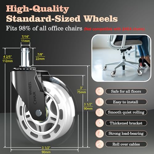 3 Inch Office Chair Casters Heavy Duty (5-Pack) - 650LBS Capacity PU Wheels,Office Chair Wheels Replacement，Non-Marking Hardwood Floor Safe,Fits Standard 7/16" x 7/8" Stem Chairs - color: White, size: 11mm-Fit Most