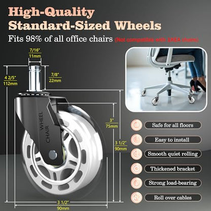 3 Inch Office Chair Casters Heavy Duty (5-Pack) - 650LBS Capacity PU Wheels,Office Chair Wheels Replacement，Non-Marking Hardwood Floor Safe,Fits Standard 7/16" x 7/8" Stem Chairs - color: White, size: 11mm-Fit Most