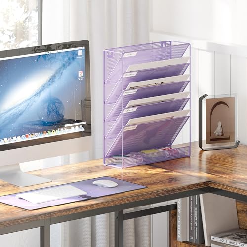 EasyPAG 5 Tier Wall File Holder, Mesh Hanging Folder Organizer with Classify Label, Versatile Desk File Holder, Vertical Wall Mounted Mail Organizer for Office Home Cubicle, Purple - color: Purple