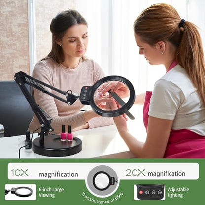 10X/20X Magnifying Glass with Light and Stand, LED Desk Magnifying lamp with Base and Clamp, 3 Color Mode, 10 Dimmable Levels Desktop Magnifier, Crafts Jewelry Sewing Close Work (Black) - color: Black