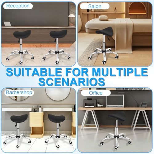 IBVIVIC Saddle Stool, Rolling Saddle Stool with Wheels for Salon, Massage | PU Leather Adjustable Swivel Saddle Chair Ergonomic for Spa, Home Office, Art Room (Black)