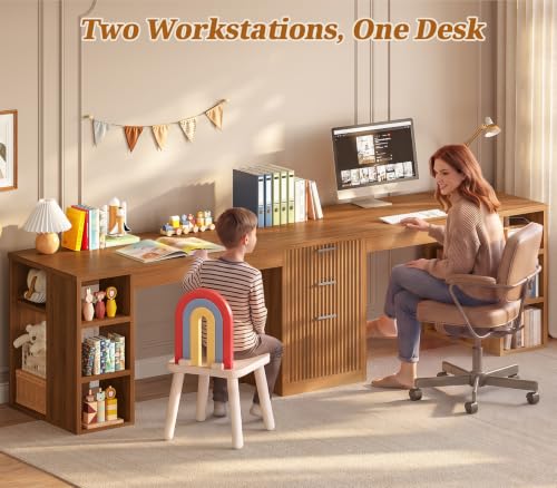 SEDETA Fluted 96.5" Computer Desk with Drawers, 2 Person Home Office Desk, Gaming Double Desk with Storage Shelves, Long Two Person Writing Desk, Brown - color: Fluted Brown
